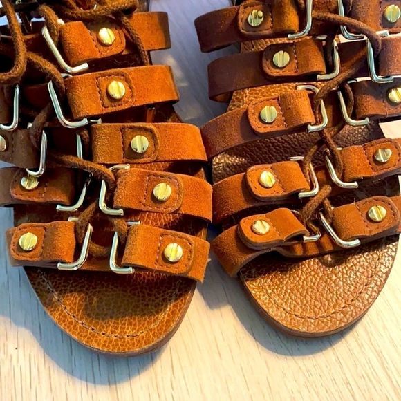 Tory Burch Gladiator Brown Sandal Gold 6 1/2 M Leather Wedge Ankle Strap Boho - Picture 11 of 14